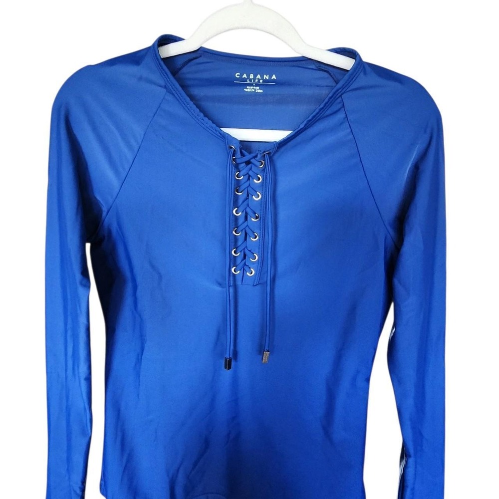 Cabana Life Blue Lace Up Long Sleeve Rash Guard UPF 50+ Swim Top 418-BL7